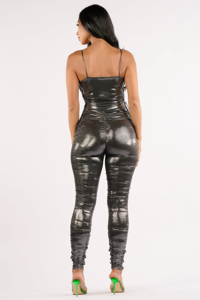 Shiny metallic ruched pants set - Muvin 
