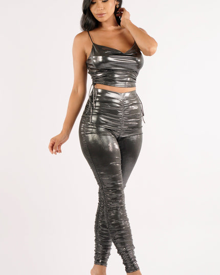 Shiny metallic ruched pants set - Muvin 