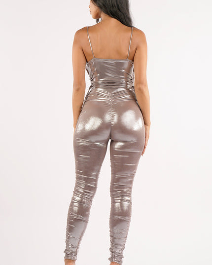 Shiny metallic ruched pants set - Muvin 