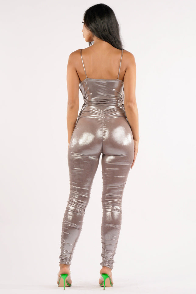 Shiny metallic ruched pants set - Muvin 