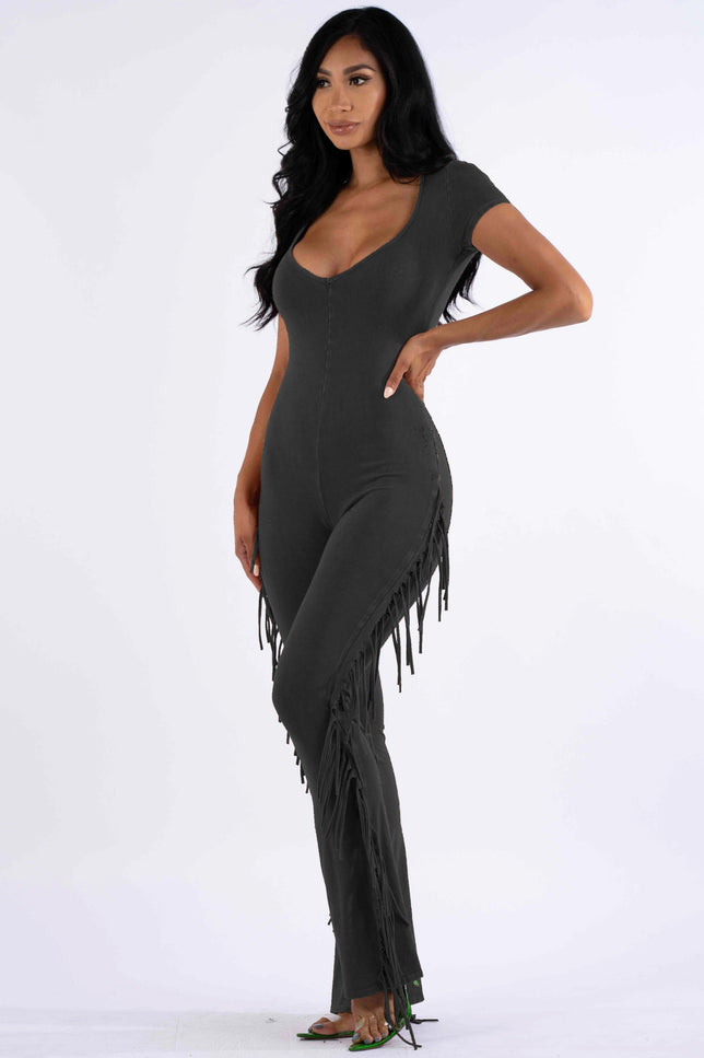 Mineral washed fringed jumpsuit - Muvin 