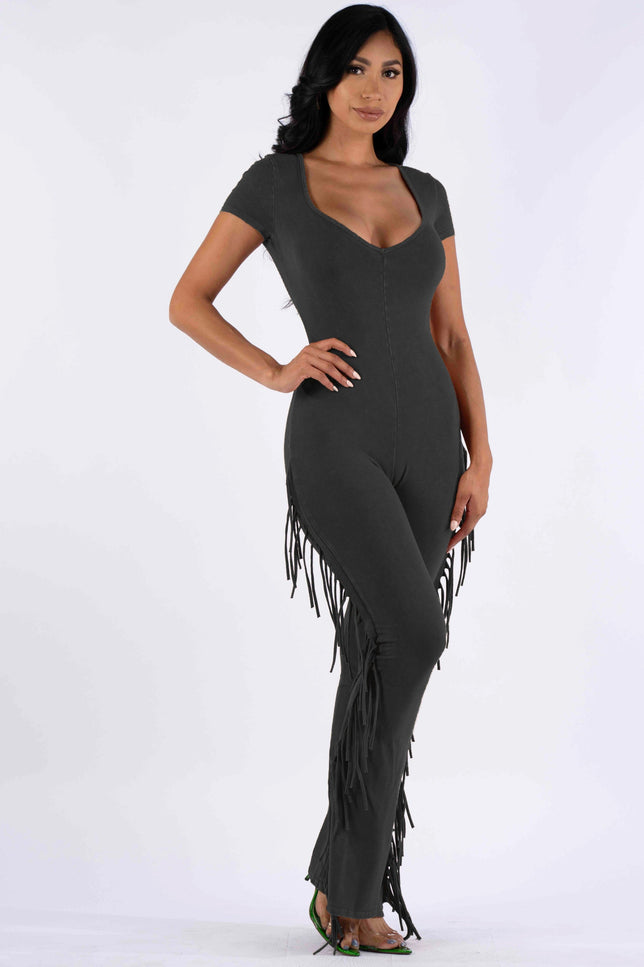 Mineral washed fringed jumpsuit - Muvin 