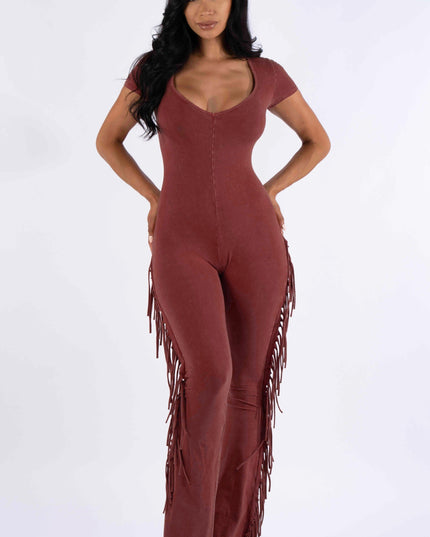Mineral washed fringed jumpsuit - Muvin 