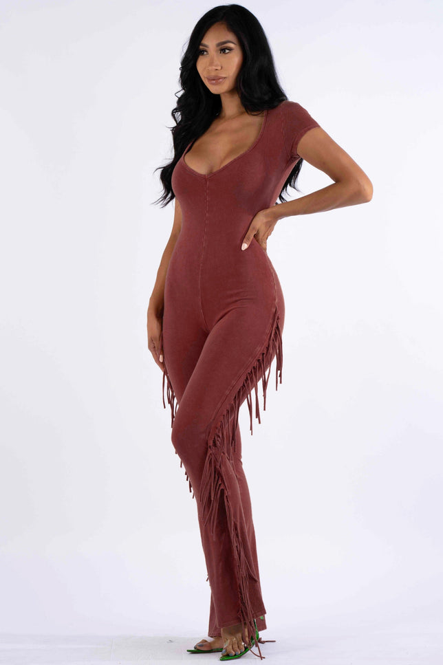 Mineral washed fringed jumpsuit - Muvin 