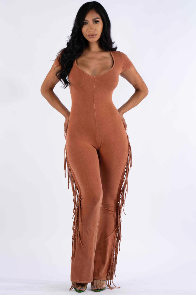 Mineral washed fringed jumpsuit - Muvin 