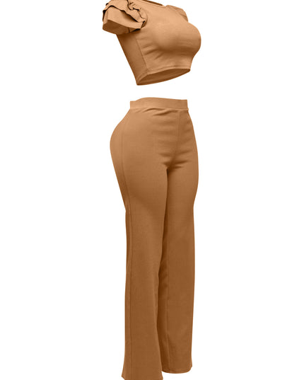 Ruffled shoulder top and pants set - Muvin 