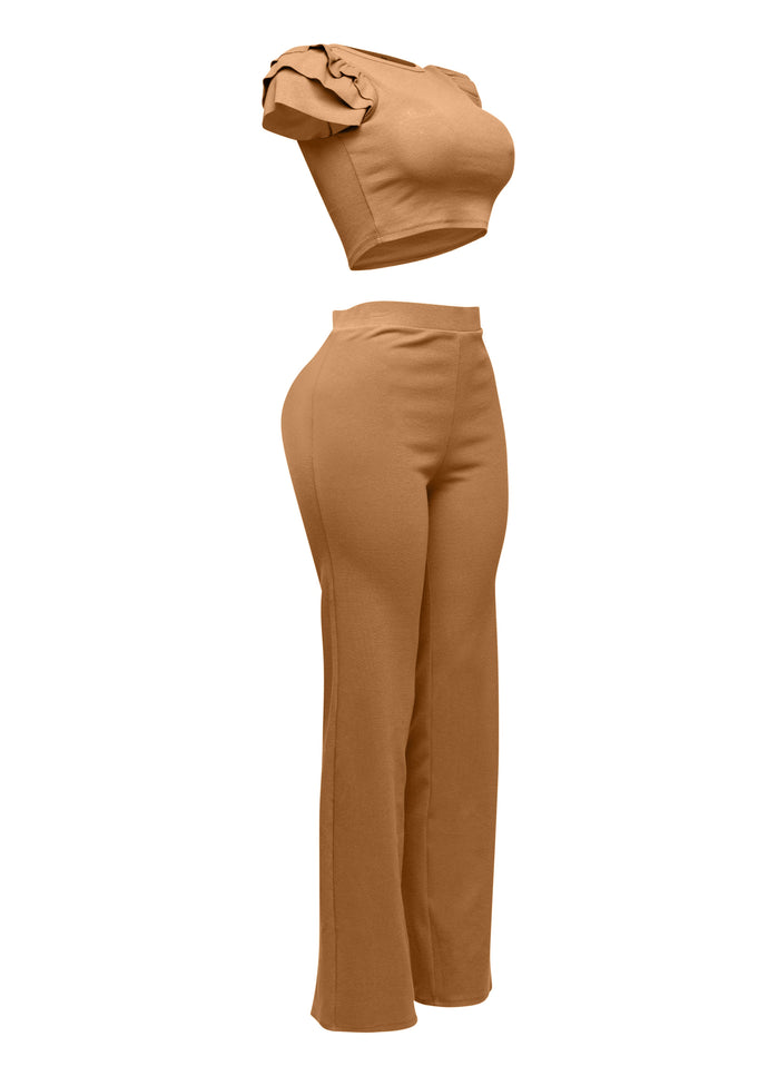 Ruffled shoulder top and pants set - Muvin 