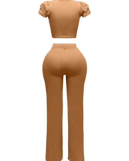 Ruffled shoulder top and pants set - Muvin 