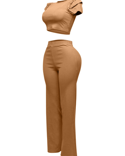 Ruffled shoulder top and pants set - Muvin 