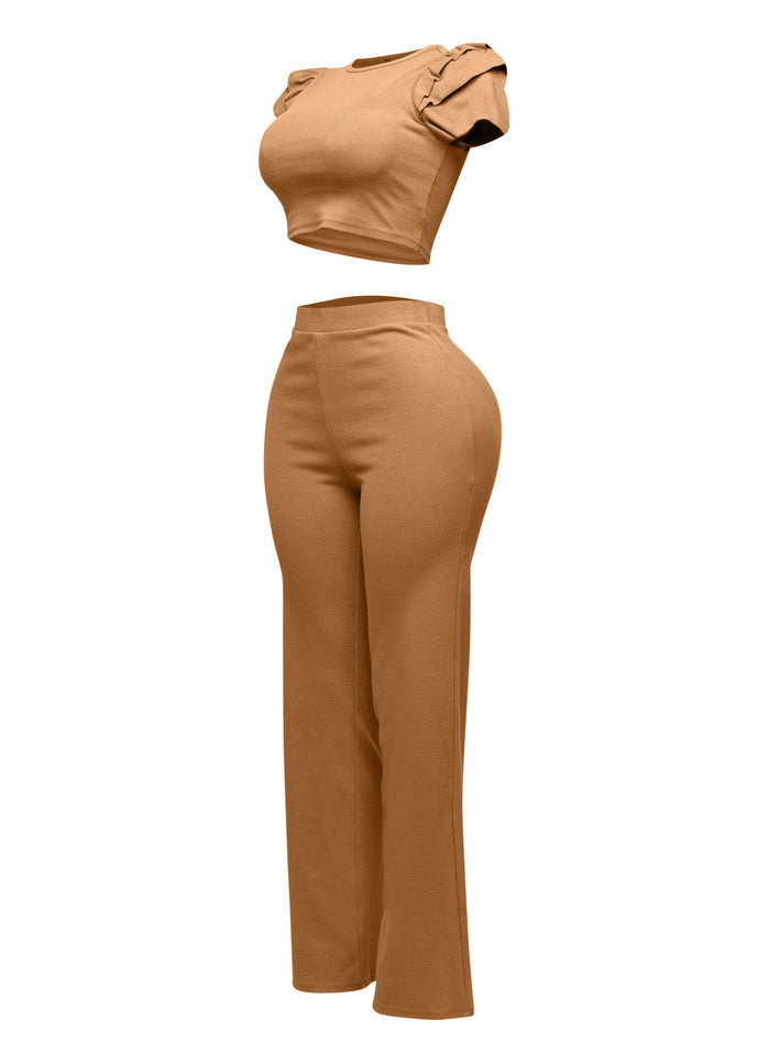 Ruffled shoulder top and pants set - Muvin 
