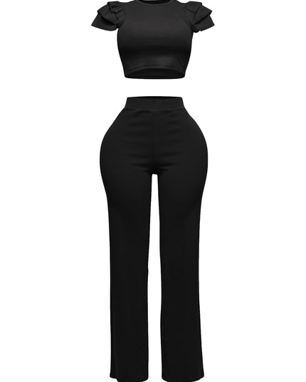 Ruffled shoulder top and pants set - Muvin 