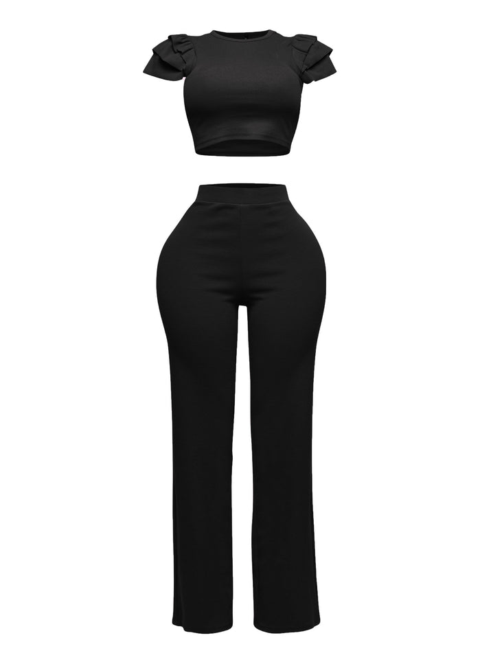 Ruffled shoulder top and pants set - Muvin 