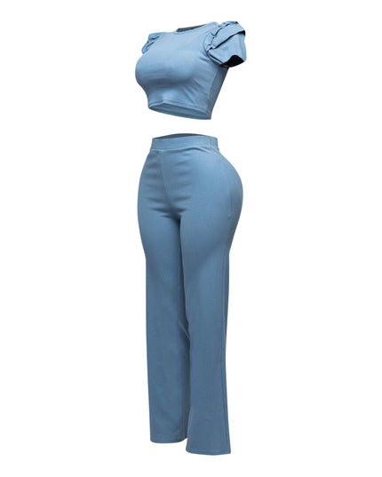 Ruffled shoulder top and pants set - Muvin 