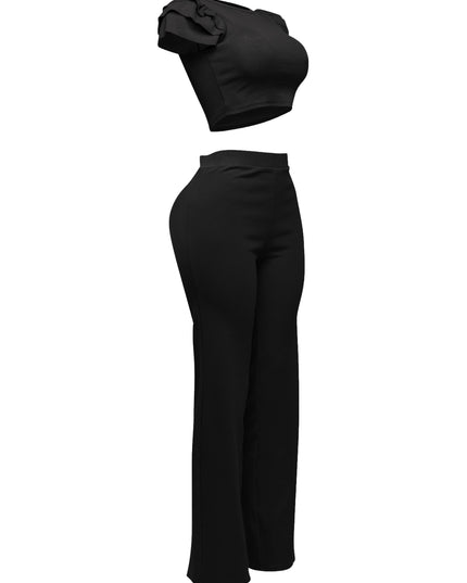 Ruffled shoulder top and pants set - Muvin 