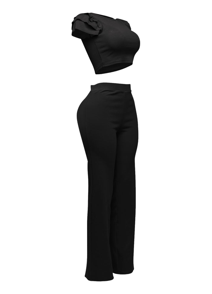 Ruffled shoulder top and pants set - Muvin 