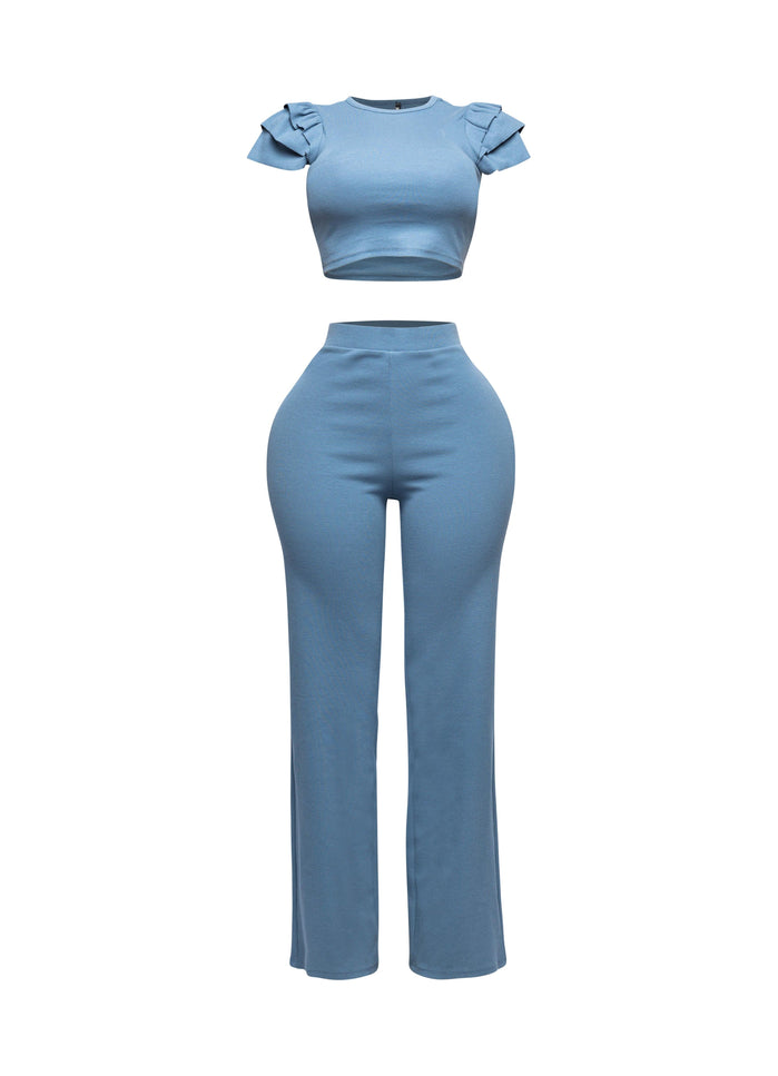 Ruffled shoulder top and pants set - Muvin 