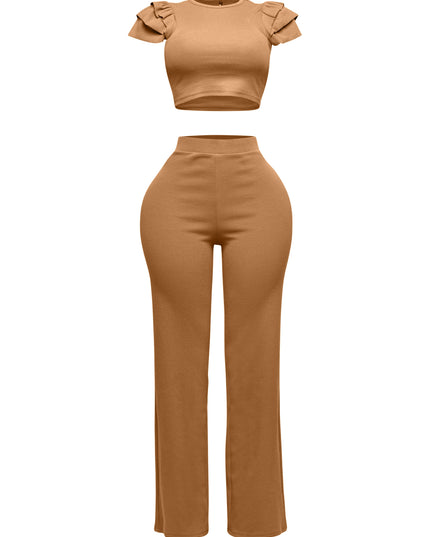 Ruffled shoulder top and pants set - Muvin 