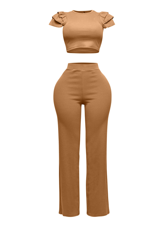 Ruffled shoulder top and pants set - Muvin 