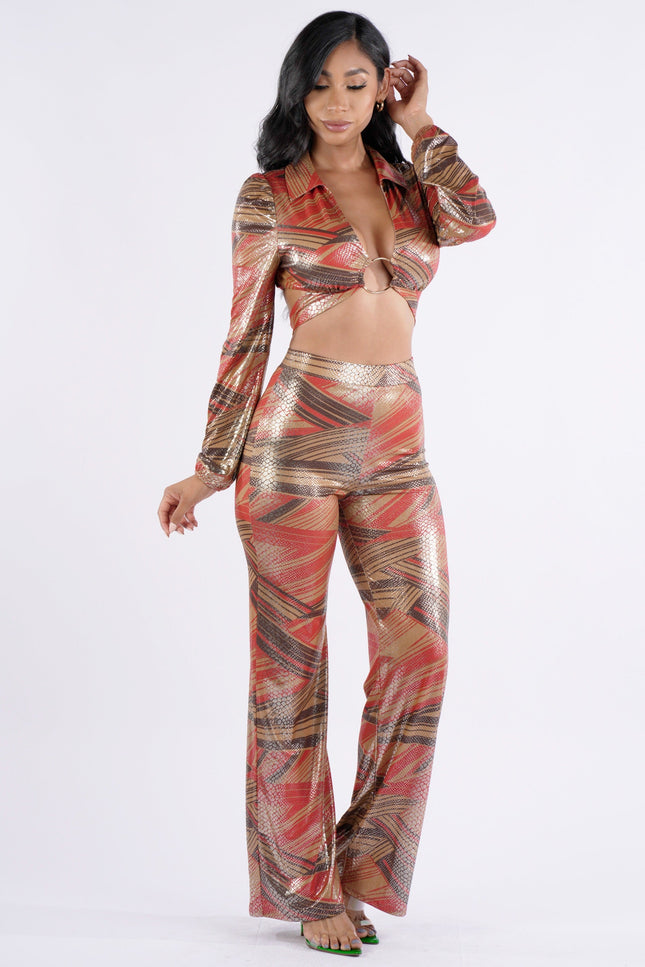 O ring trim tie back top and pants set - Muvin 