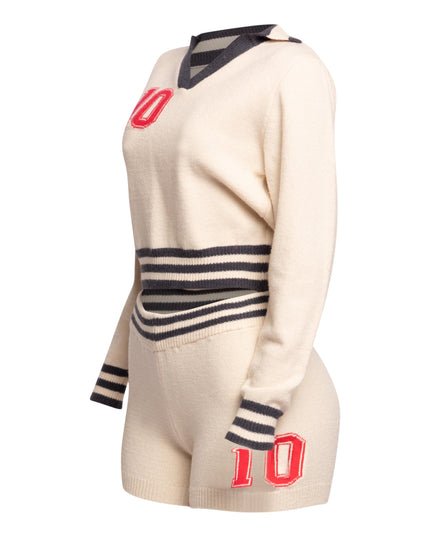Vintage-Inspired Knit Two-Piece Set with Varsity Details - Muvin 
