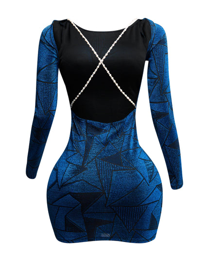 Jacquard knit open back bodycon dress with pearl and rhinestone chain - Muvin 