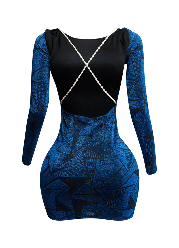 Jacquard knit open back bodycon dress with pearl and rhinestone chain - Muvin 