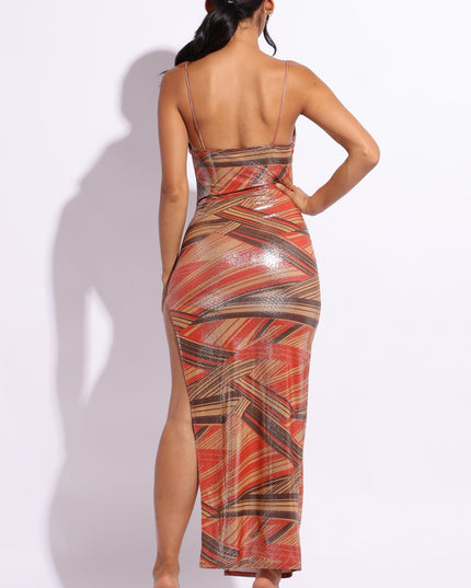 Printed cowl neck split thigh maxi dress - Muvin 