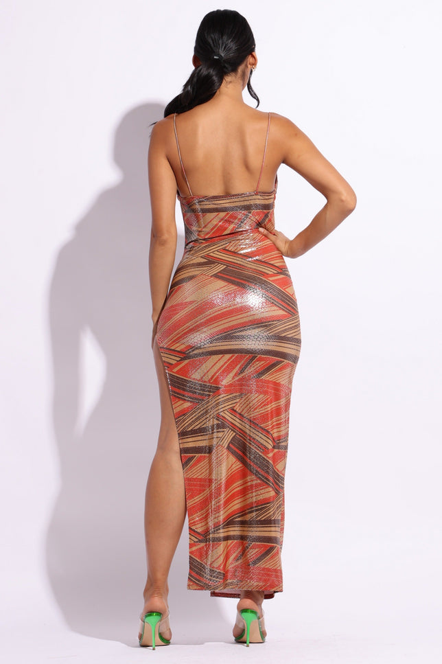 Printed cowl neck split thigh maxi dress - Muvin 
