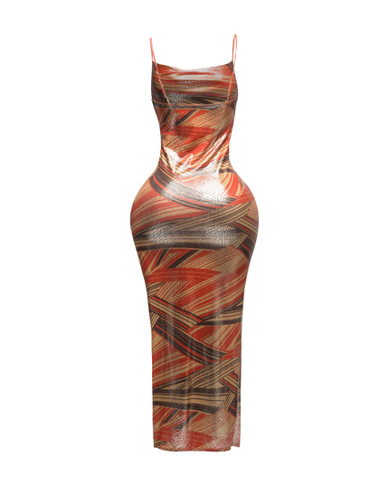Printed cowl neck split thigh maxi dress - Muvin 
