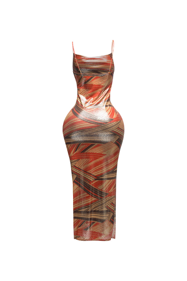 Printed cowl neck split thigh maxi dress - Muvin 