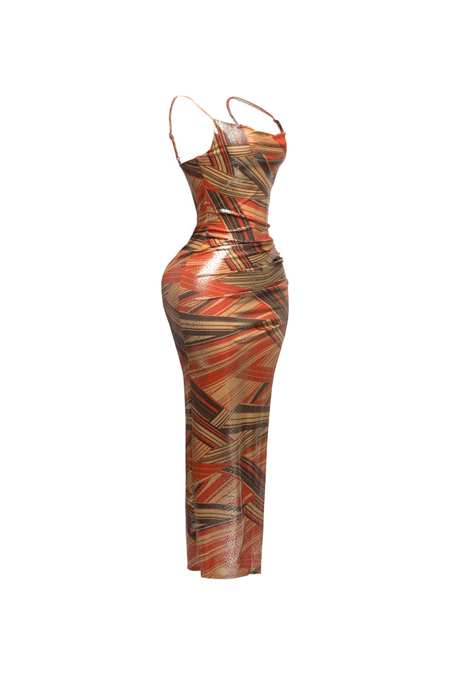 Printed cowl neck split thigh maxi dress - Muvin 