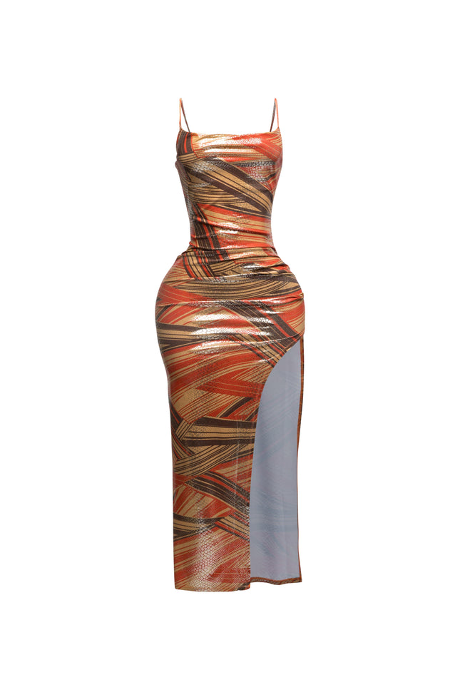 Printed cowl neck split thigh maxi dress - Muvin 