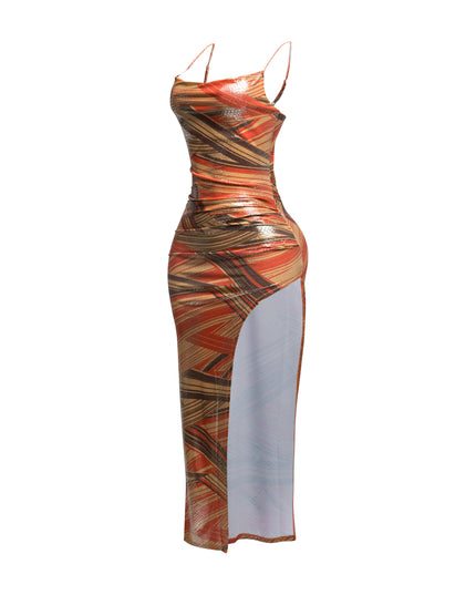 Printed cowl neck split thigh maxi dress - Muvin 