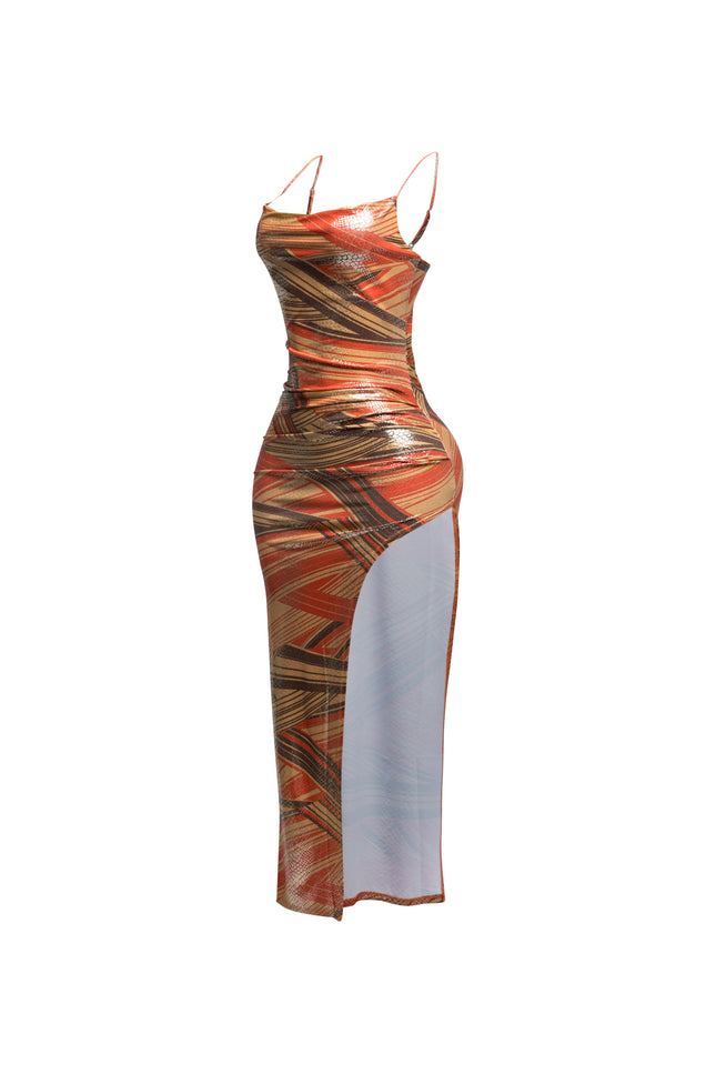 Printed cowl neck split thigh maxi dress - Muvin 