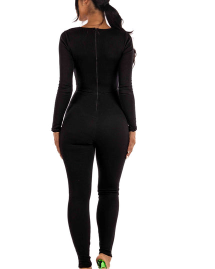 Zipper back deep V neck jumpsuit - Muvin 