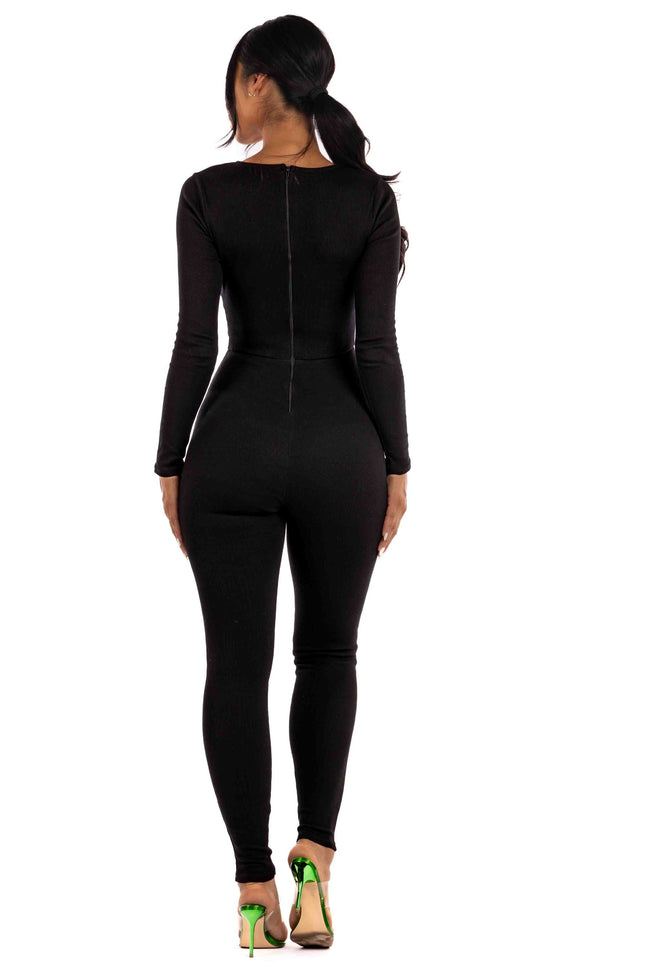 Zipper back deep V neck jumpsuit - Muvin 