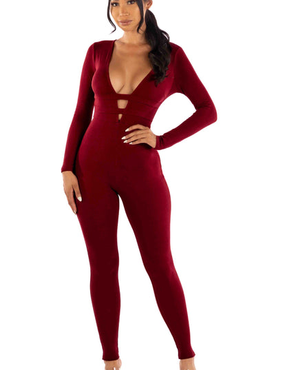 Zipper back deep V neck jumpsuit - Muvin 