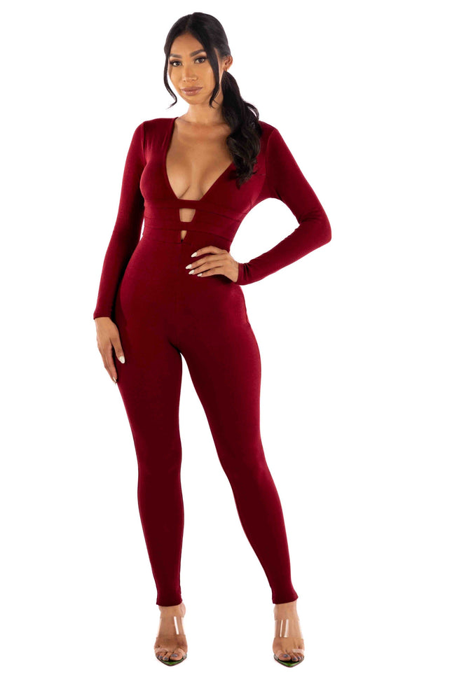 Zipper back deep V neck jumpsuit - Muvin 