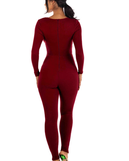 Zipper back deep V neck jumpsuit - Muvin 