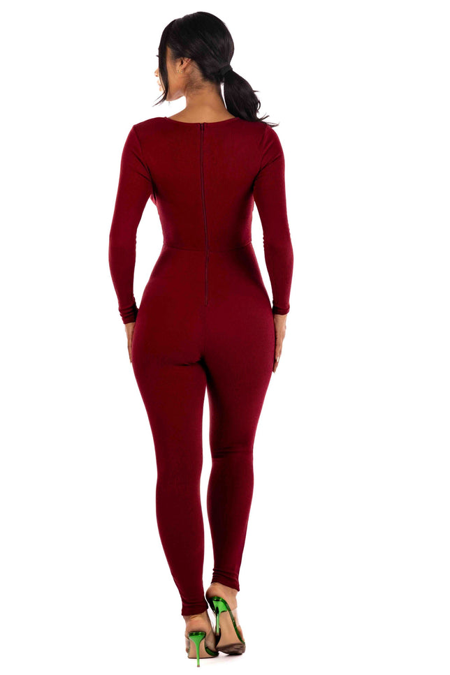 Zipper back deep V neck jumpsuit - Muvin 