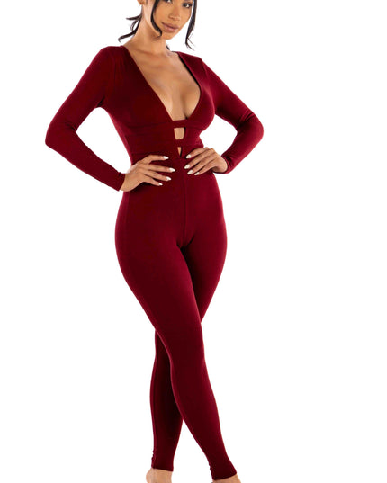 Zipper back deep V neck jumpsuit - Muvin 