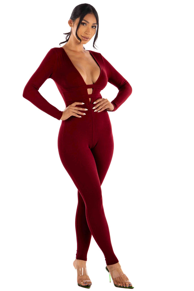 Zipper back deep V neck jumpsuit - Muvin 
