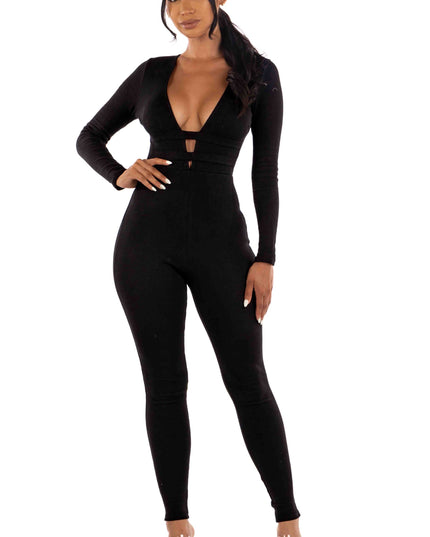 Zipper back deep V neck jumpsuit - Muvin 