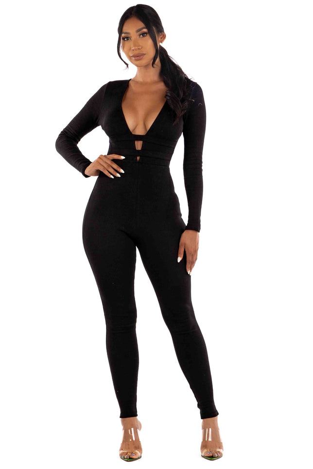 Zipper back deep V neck jumpsuit - Muvin 