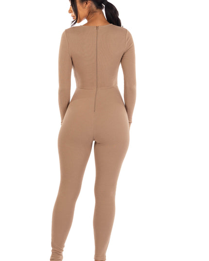 Zipper back deep V neck jumpsuit - Muvin 