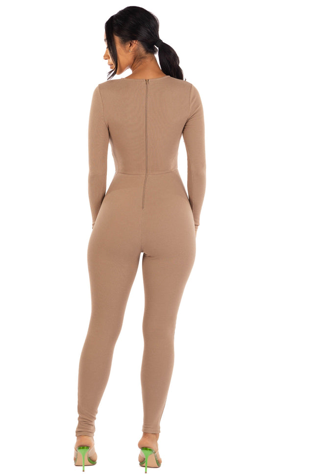 Zipper back deep V neck jumpsuit - Muvin 