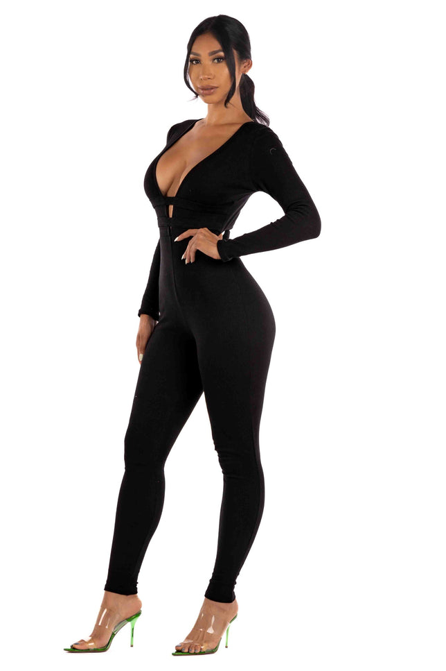 Zipper back deep V neck jumpsuit - Muvin 