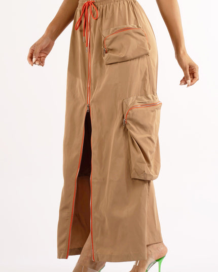 Zipper front drawstring waist cargo maxi skirt - Muvin 