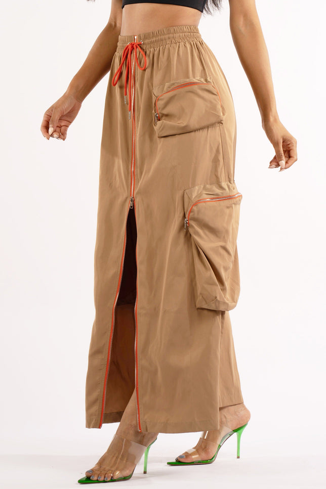 Zipper front drawstring waist cargo maxi skirt - Muvin 