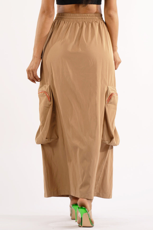 Zipper front drawstring waist cargo maxi skirt - Muvin 